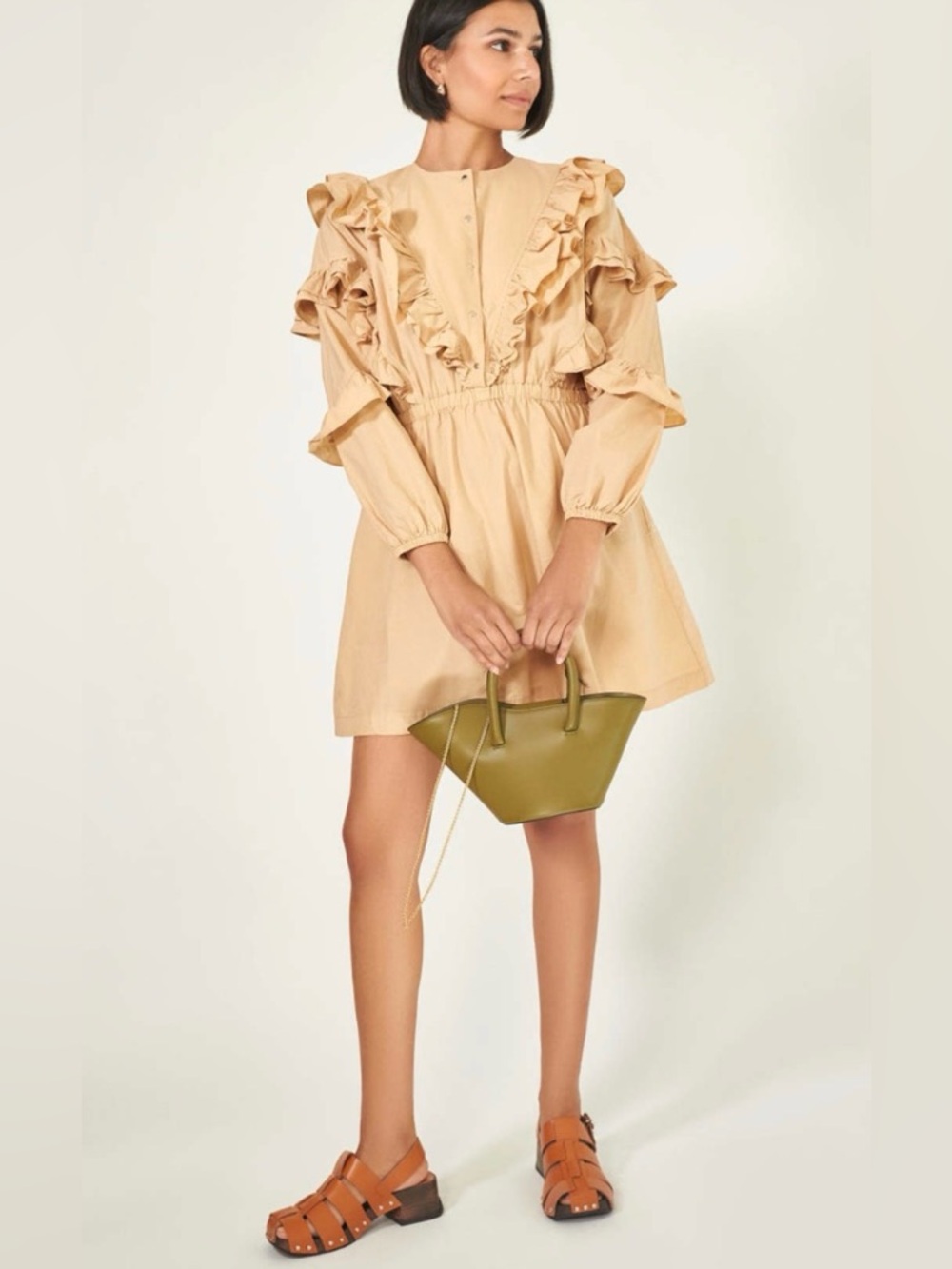 Roseanna Paris Tan Cotton Ruffle Mini Dress Long Sleeve Elastic Waist Size 36 S